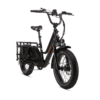 A black electric cargo bike with a sturdy frame, wide tires, and a rear cargo area equipped for carrying heavy loads.