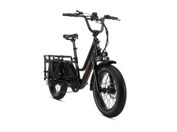 A black electric cargo bike with a sturdy frame, wide tires, and a rear cargo area equipped for carrying heavy loads.