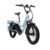 A light blue electric cargo bike with thick tires and a rear storage rack is shown on a white background.