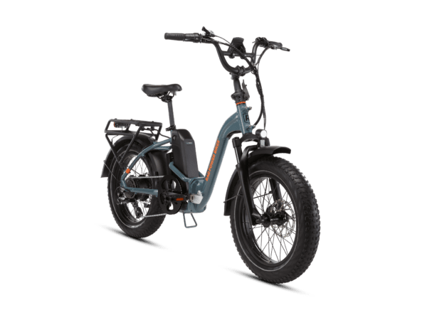A blue electric bike with thick black tires, front suspension, and a rear cargo rack. The battery is mounted on the frame.