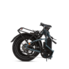 Folded electric bicycle with a black frame, rear cargo rack, and motorized components visible.