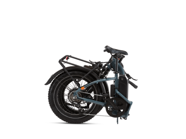 Folded electric bicycle with a black frame, rear cargo rack, and motorized components visible.