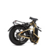 Folded beige bicycle with black components, including saddle, handlebars, and pedals. Rear rack over the back wheel, compactly designed for transport or storage.