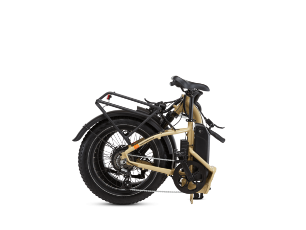 Folded beige bicycle with black components, including saddle, handlebars, and pedals. Rear rack over the back wheel, compactly designed for transport or storage.