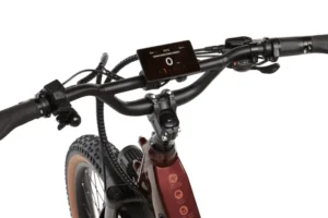 Close-up of a bicycle's handlebars featuring a digital display showing speed and distance, with black grips and multiple control buttons visible. The bike has rugged, wide tires suitable for off-road riding.