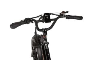 Front view of a black bicycle's handlebar with hand grips, brake levers, and an attached digital display screen.