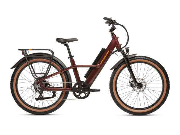 A maroon electric bicycle with a black frame, wide tires, front and rear fenders, and a rear cargo rack. The bike features a battery integrated into the frame.