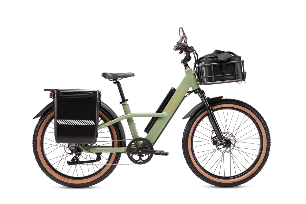 A green electric cargo bike with brown tires, black pannier on the right side, and a black front basket.