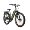 A green electric bicycle with a sturdy frame, black seat, and brown-tinted tires, positioned against a white background.