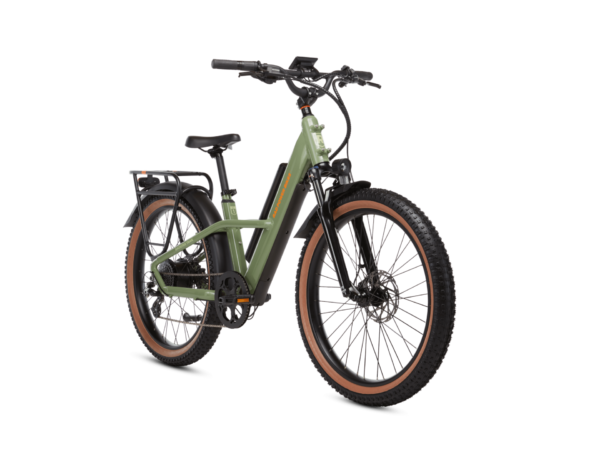 A green electric bicycle with a sturdy frame, black seat, and brown-tinted tires, positioned against a white background.