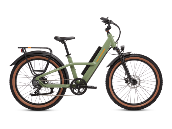 A green electric bicycle with a rear cargo rack, front suspension fork, and thick tires, displayed on a white background.