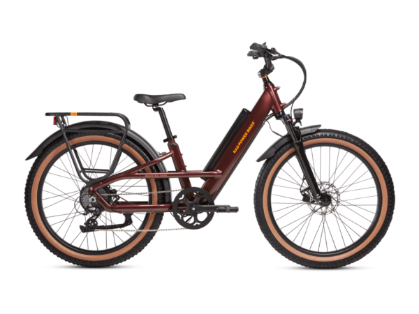 A red electric bike with a black seat, wide tires with brown rims, and a rear cargo rack on a white background.