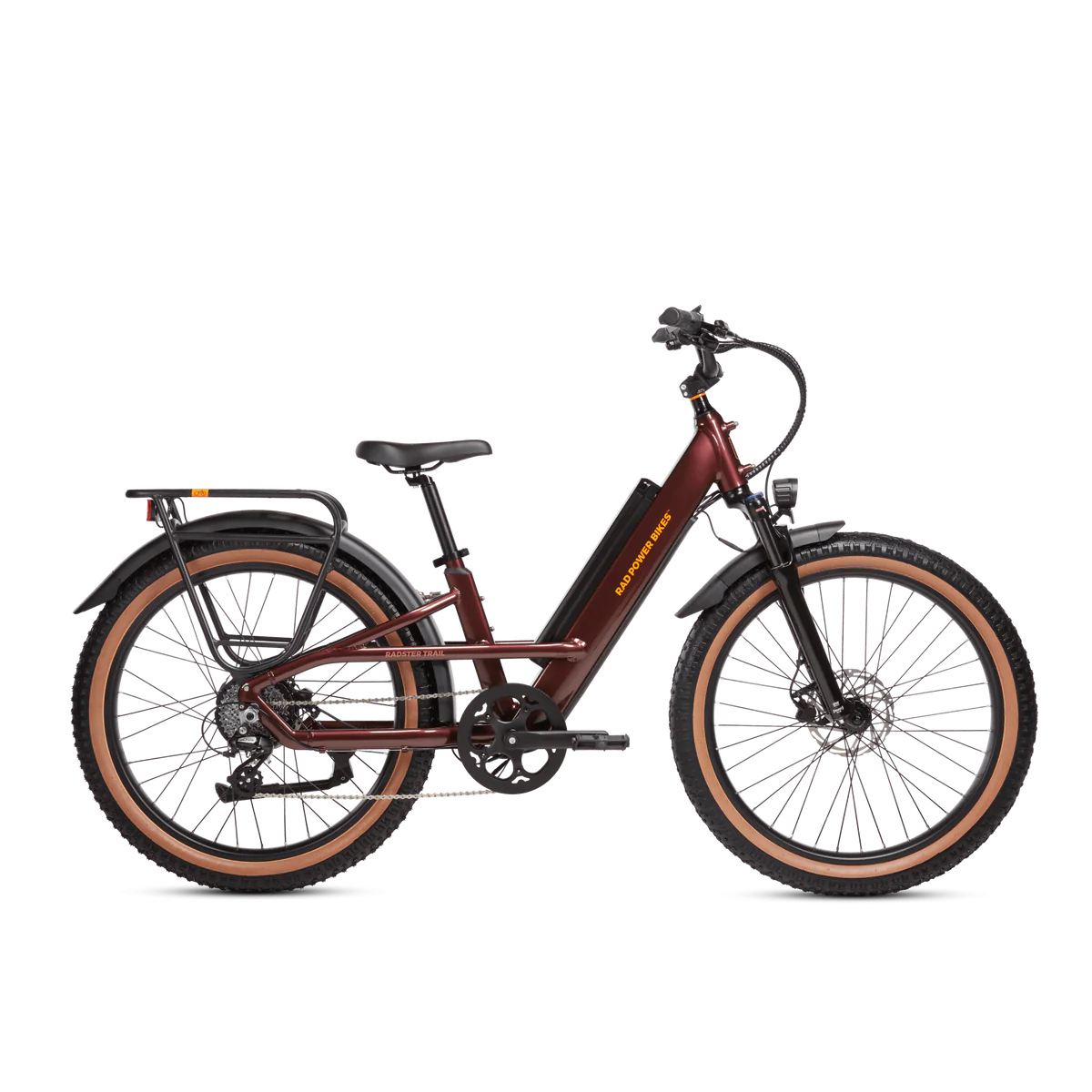 A maroon electric bicycle with a black battery on the down tube, black handlebars, and tan sidewalls on the tires. The bike has a rear rack and disc brakes. Side view against a plain white background.