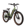 A green electric bicycle with thick tires, a rear rack, and front suspension. The bike is viewed from the left side angle against a white background.