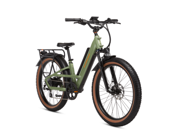 A green electric bicycle with thick tires, a rear rack, and front suspension. The bike is viewed from the left side angle against a white background.