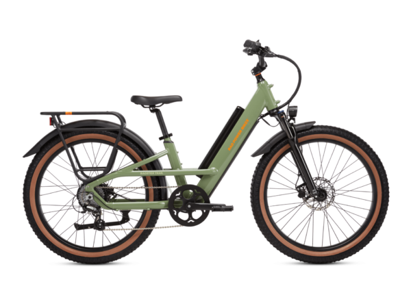 Green electric bicycle with a step-through frame, wide tires, front suspension, rear rack, and handlebar display, shown from the side against a white background.