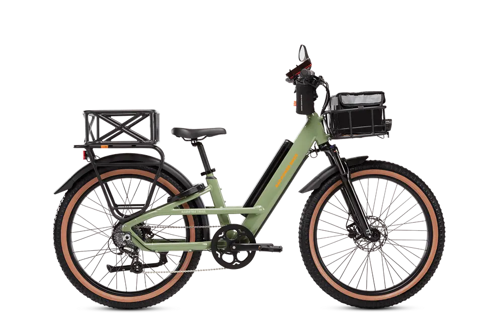 A green electric bicycle with black cargo racks on the front and rear, equipped with disc brakes and black handlebars. The bike also features brown accents on the tires.