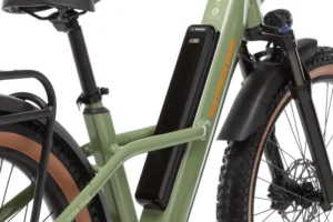 A close-up of a green electric bicycle frame with a mounted battery pack, thick knobby tires, and a rear cargo rack.