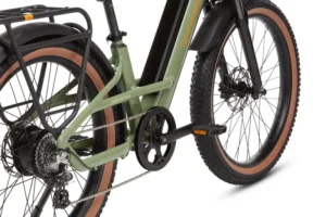 Close-up shot of a green electric bicycle's rear wheel, chain, and pedal, with a black metal rack above the back tire and wide, knobby tires on both wheels.