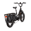 Electric cargo bike with a step-through frame, pannier racks, wide tires, and a digital display on the handlebars, viewed from a rear side angle.