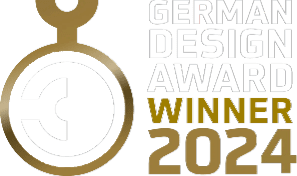 German Design Award Winner 2024" logo with a stylized gold and white emblem on the left.