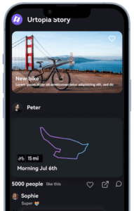 Smartphone screen displaying a cycling app interface with an image of a bike near a bridge, user profile named Peter, a cycling route map, and a post with 5000 likes and user comment.