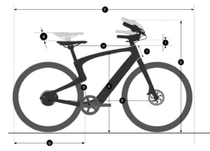 Diagram of a bicycle with labeled parts including frame, wheels, saddle height, handlebar reach, seat tube, and crank length. Measurements for multiple components are depicted with arrows.