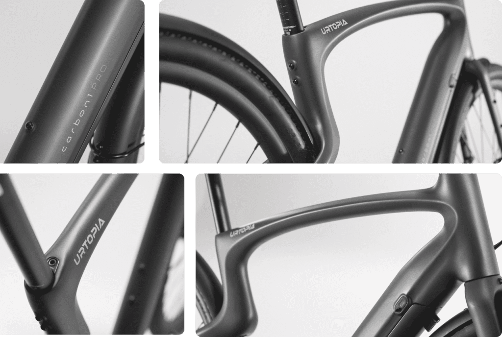 Close-up collage of a sleek, black Urtopia Carbon 1 Pro bicycle frame, showcasing its minimalist design and smooth curves.