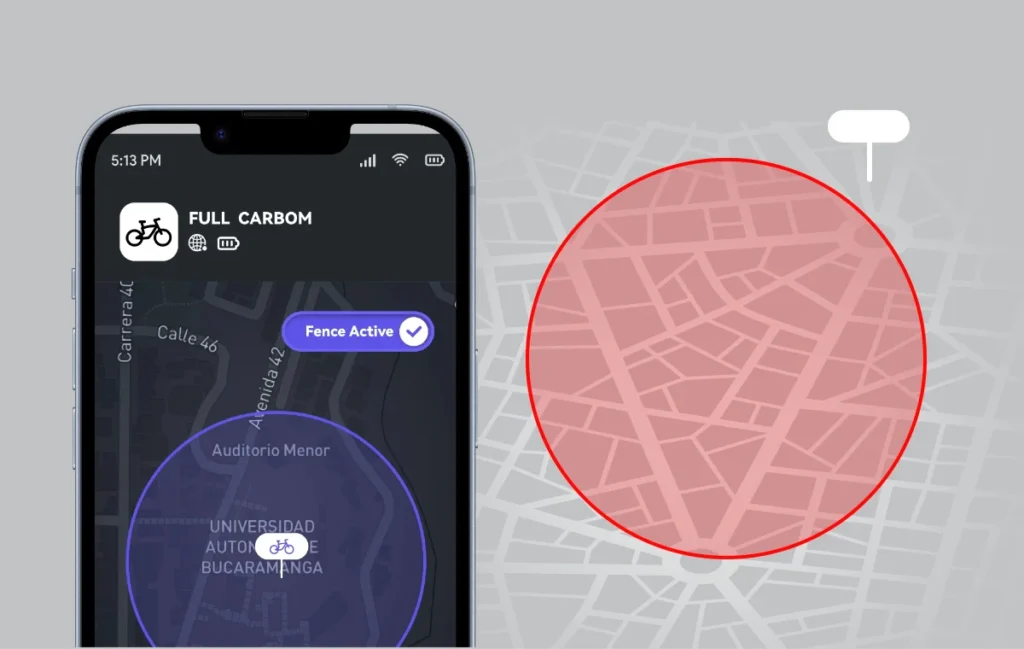 Smartphone screen displaying a bike-tracking app with an active geofence around a specified area and a red geofence shown nearby on a map. Time displayed on the phone is 5:13 PM.