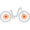 A minimalist drawing of a bicycle viewed from the front, showing orange wheels and black handlebars.