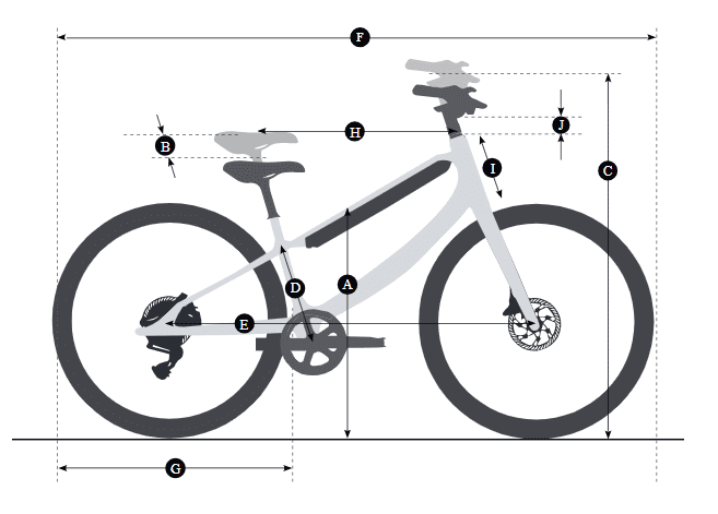 Diagram of a bicycle with various parts labeled. Letters A through J identify specific measurements and dimensions of the bike, such as frame height, wheel size, and handlebar positioning.