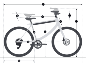 Diagram of a bicycle with labeled parts: A (seat tube), B (seat height), C (wheelbase), D (head tube), E (crank length), F (top tube length), G (wheel diameter), H (reach), I (standover height), J (stack).