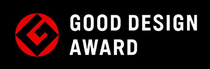 Good Design Award logo featuring a red circular emblem with a black and white geometric design, accompanied by the text "GOOD DESIGN AWARD" in white.