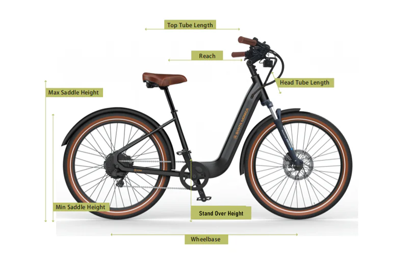 A diagram of a bicycle with labeled measurements including wheelbase, top tube length, reach, head tube length, stand over height, max saddle height, and min saddle height.