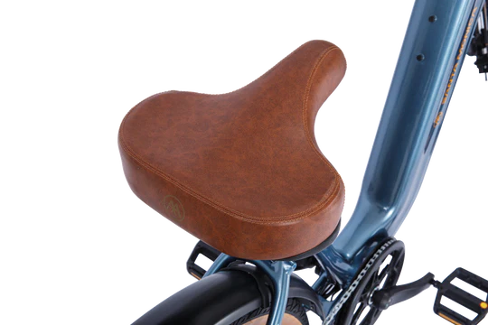 A brown leather bicycle saddle mounted on a blue bike frame.