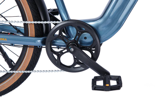 Close-up view of a bicycle's blue frame, black pedal, and gear assembly with a chain.