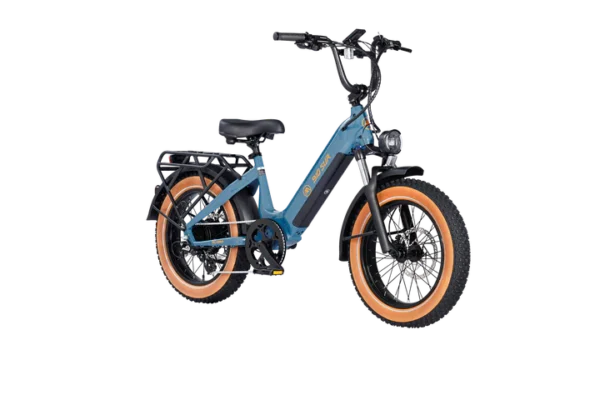 The Big Sur Sport 20" Ebike, featuring a blue frame, orange tires, front and rear suspension, and a mounted luggage rack.