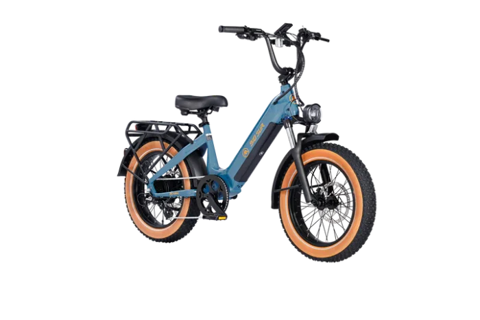 The Big Sur Sport 20" Ebike, featuring a blue frame, orange tires, front and rear suspension, and a mounted luggage rack.