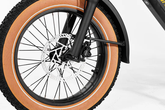 Close-up of the front wheel and disc brake of a bicycle with a black rim and tire featuring a tan sidewall.