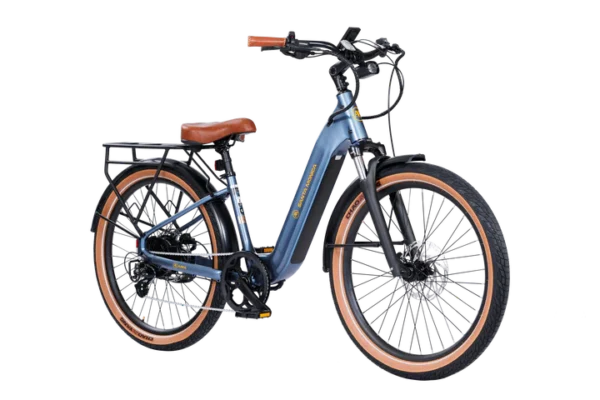 The Santa Monica Ebike features a blue frame, tan tires, and brown leather saddle and handles. It also includes a convenient step-through frame and a rear rack.