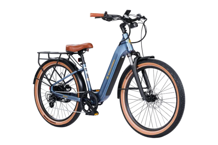 The Santa Monica Ebike features a blue frame, tan tires, and brown leather saddle and handles. It also includes a convenient step-through frame and a rear rack.