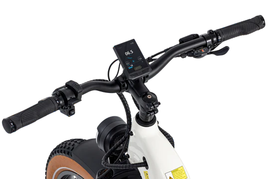 A close-up view of the handlebars and display screen of an electric bike, showing the speed and control buttons.