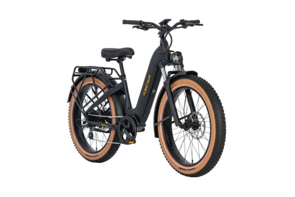 The Big Sur 26" Ebike features a black design with tan fat tires, a rear cargo rack, front suspension, and a centrally mounted battery within the frame.