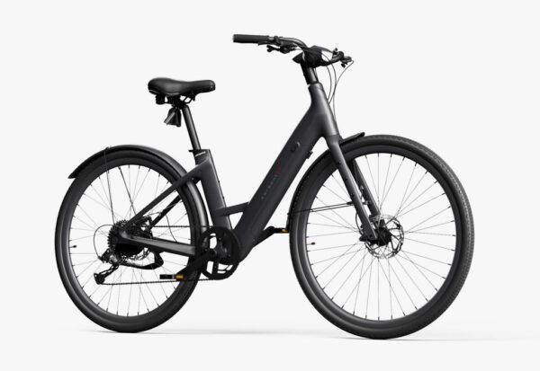 A sleek black electric bicycle with a step-through frame, disc brakes, and a mounted front light, displayed on a white background.