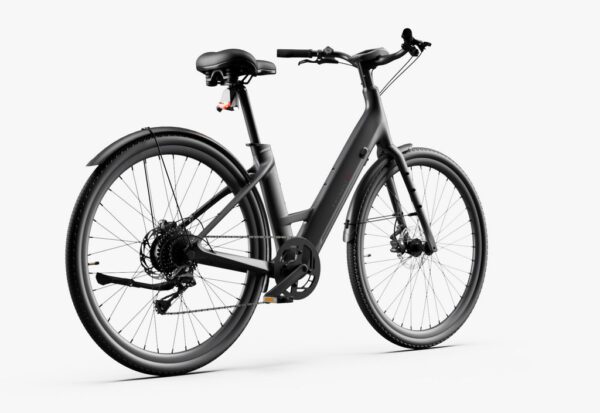 A sleek black electric bicycle with a step-through frame, rear hub motor, and disc brakes, shown from a rear-side angle on a white background.