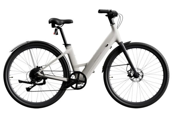 The Carbon 1 Step-Thru is a stylish white electric bicycle featuring a step-through frame, black wheels, and a contemporary design, displayed on a white background.