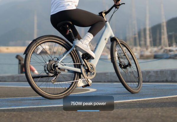 Cyclist riding an electric bike by a marina, with mountains in the background. Text overlay: "750W peak power.