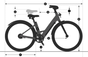 Diagram of a bicycle with labeled parts: A (handlebars), B (rear wheel), C (frame), D (pedal), E (seat), F (front wheel), G (top tube), H (down tube), I (brakes), J (chain).