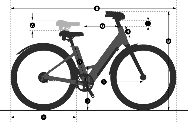 Diagram of a bicycle with labeled parts: A (handlebars), B (rear wheel), C (frame), D (pedal), E (seat), F (front wheel), G (top tube), H (down tube), I (brakes), J (chain).