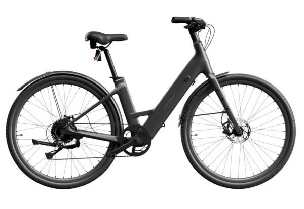 A matte black electric bicycle with thick tires, a step-through frame, and disc brakes, shown in side view on a white background.